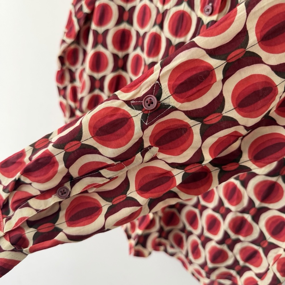 Mod Geometric Print Blouse Red Cream Retro Graphic‎ Button Up Statement Top XS - Picture 6 of 9
